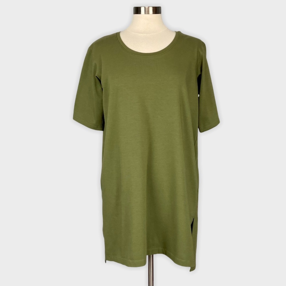 Eileen Fisher Womens Olive Green Jersey Short Sleeve Dress Organic Cotton size S